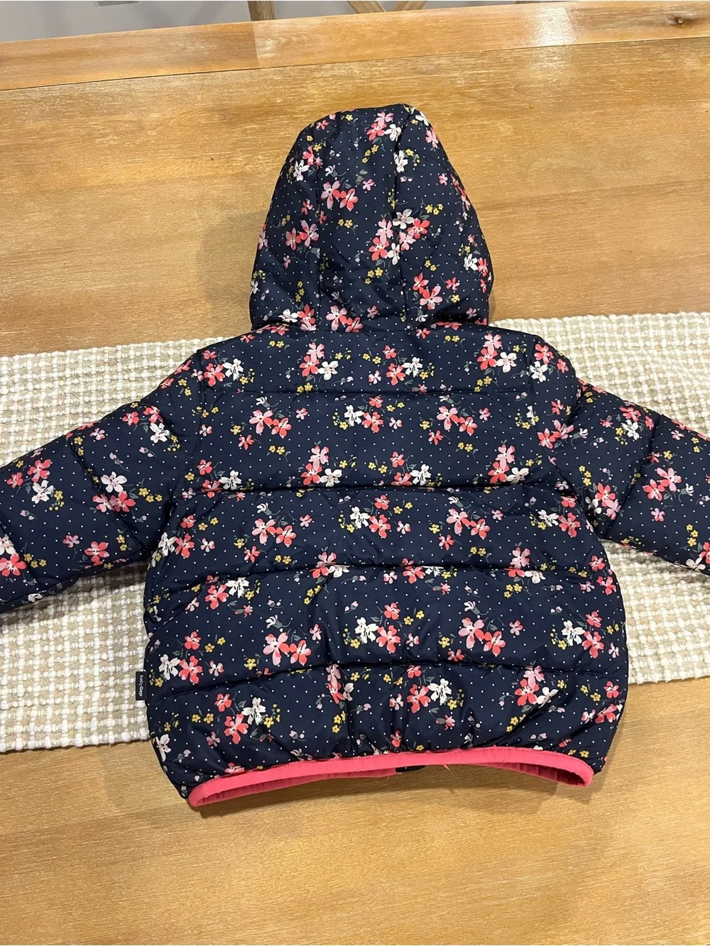 GAP Navy Floral Hooded Puffer Jacket with Pink Trim and Ear Detail 12-18m